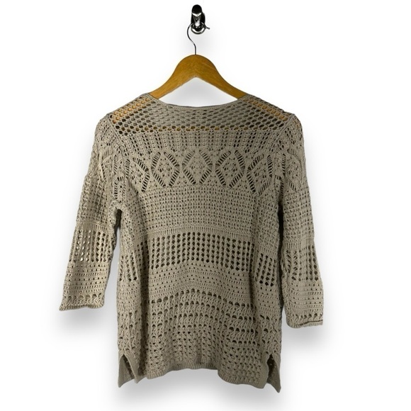 4 for $40 SALE!J Jill Crocheted Split V Neck Fisherman's Sweater, Cream, Size S - Picture 9 of 9
